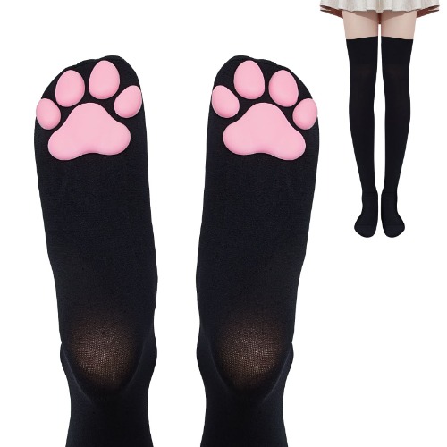 Geyoga Cat Paw Pad Socks Thigh High Pink Cute 3D Kitten Claw Stockings for Girls Women Cat Cosplay - Black-pink