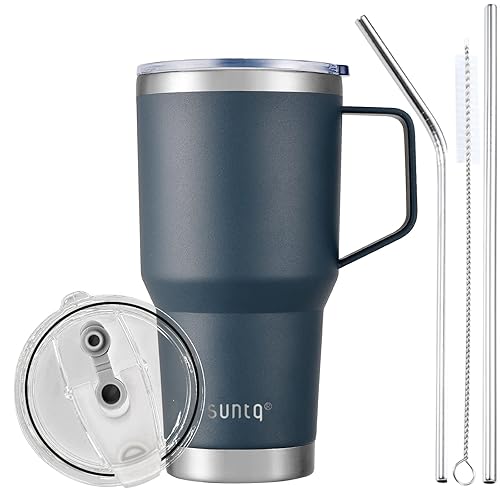 SUNTQ 30oz Tumbler with Handle - Reusable Travel Coffee Cup with Straw & Lid - Double Wall Vacuum Insulated Coffee Mug - Stainless Steel Thermal Cup for Hot and Cold Beverages(Navy Blue) - Navy Blue-30oz