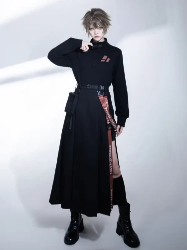 Black Futuristic Techwear Long Skirt with Straps and Waist Bag