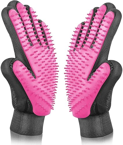 [Upgrade Version] BYETOO Pet Grooming Glove - Gentle Deshedding Brush Glove - Efficient Pet Hair Remover Mitt - Massage Tool with Enhanced Five Finger Design - Perfect for Dogs & Cats with Long & Short Fur (Pink)