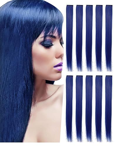 22 Inch Colored Party Highlights Straight Hair Clip Extension / Colored Clip in Hair Extensions Rainbow Heat-Resistant Synthetic Straight - Cospaly Fashion Party Christmas Gift For Kids Girls(10 Pcs) (10 Pcs ~Blue) - 10 Pcs ~Blue