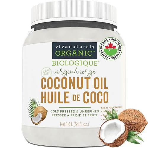 Viva Naturals Virgin Coconut Oil, 54 fl oz - Non-GMO, Cold-Pressed and Unrefined Coconut Oil Organic Certified - Natural Flavour Coconut Oil for Cooking and Baking - 1.6 l (Pack of 1)