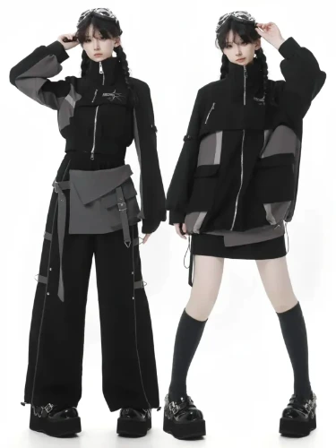 Black and Gray Colorblock Futuristic Techwear Jacket with Drawstring Hem