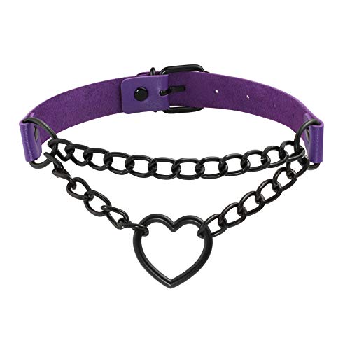 MILAKOO PU Leather Punk Choker Necklaces Circle/Heart Charm Adjustable Collar Necklace for Women - A3-Black Chain, Purple - heart pendant