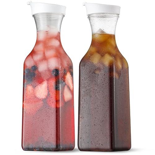 NETANY Plastic 50 Oz Water Carafe with Flip Top Lid, Set of 2 Square Base Juice Containers, Clear Plastic Pitcher - for Water, Iced Tea, Juice, Beverage, Cold Brew and Mimosa Bar - HAND WASH ONLY - 2