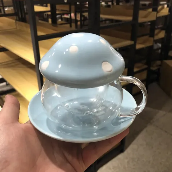 Cute Mushroom Ceramic Glass 290ml Tea Mug with Saucer Gift Set - Blue Set / As shown in the figu