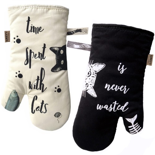 GREVY oven mitts with cats 100 % bomull 31 cm - Elfenben svart