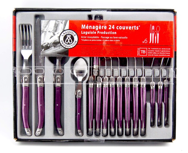 Laguiole Production – 24-delat set – bestick i rostfritt stål och ABS för 6 personer – presentförpackning – färg pärlemorliknande lila