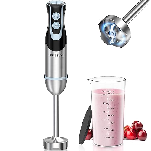 FRESKO Stainless Steel Hand Blender, 1200W Electric Stick Blender with 12 Speed and Turbo Mode, Heavy Duty Copper Motor Immersion Blender,700ml Beaker for Baby Food, Smoothies, Soup, BPA-Free - Blender+beaker