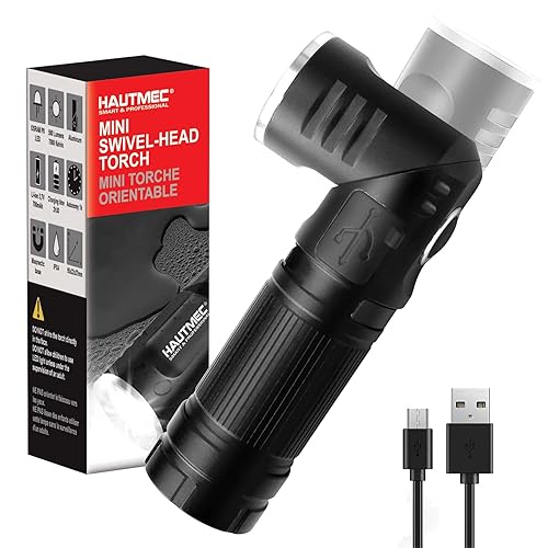 HAUTMEC Compact LED Torch USB Rechargeable 500 Lumens, Lithium Battery Included, Tactical Flashlight with Adjustable 90 Degree Head, Magnetic Tail, Waterproof HT0092 - Swivel Torches