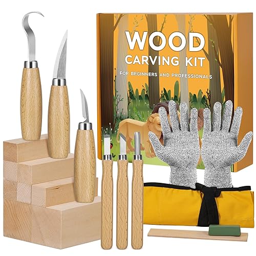 Wood Carving Tools Kit, 18 in 1 Wood Whittling Kits, Chip Carving Tools Set, with 8 Basswood Carving Blocks, 6 Whittling Tools, Gloves, Sharpener, Roll Canvas Bag, Wood Carving Set for Adult Beginners - 18 in 1