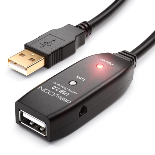 deleyCON 20m USB 2.0 Verlengkabel Repeaterkabel Actief met 2 Signaalversterker Extension Cable USB-A naar USB-A-Connector - Zwart