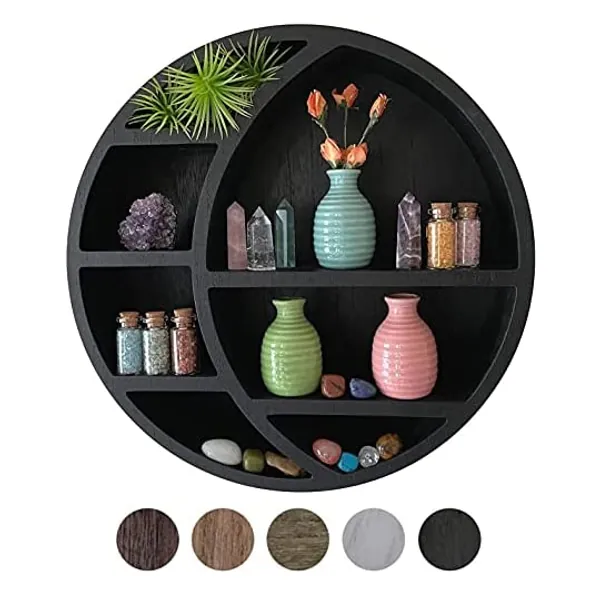 
                            Crescent Moon Shelf Wall Decor - Rustic Wooden Moon Shelf for Crystals, Stones & Essential Oils - Wall-Mounted & Easy to Hang - Boho Shelf for Nursery or Bedrooms - 14 x 14 x 3.5 in. (Black)
                        