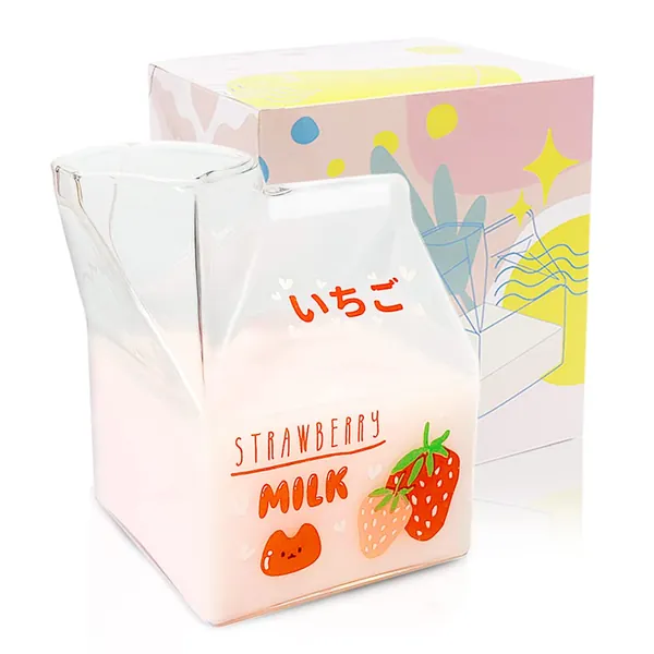 Blsky Kawaii Glass Milk Carton Cup Microwavable 12 Oz Cute Milk Cups Mini Creamer Container Strawberry Square Breakfast Mug Glass Creamer Pitcher with Gift Box (Strawberry) - Strawberry