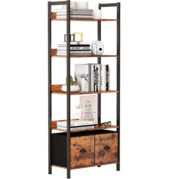 Furologee 5-Tier Bookshelf, Tall Bookcase with 2 Storage Drawers, Industrial Display Standing Shelf Units, Wood and Metal Storage Shelf for Living Room, Bedroom, Home Office, Rustic Brown - 