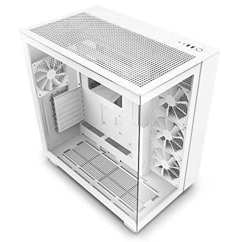 NZXT H9 Flow blanc - CM-H91FW-01 - Boîtier Gaming moyen-tour ATX double chambre - Panneaux avant supérieur perforé et latéral en verre trempé pour airflow élevé - Compatible radiateur 360 mm - H9 Flow - Blanc