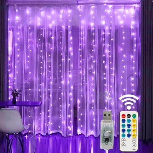 HOME LIGHTING Window Curtain String Lights, 300 LED 8 Lighting Modes Fairy Copper Light with Remote, USB Powered for Halloween Christmas Bedroom Party Wedding Home Garden Wall Decorations, Purple - Purple