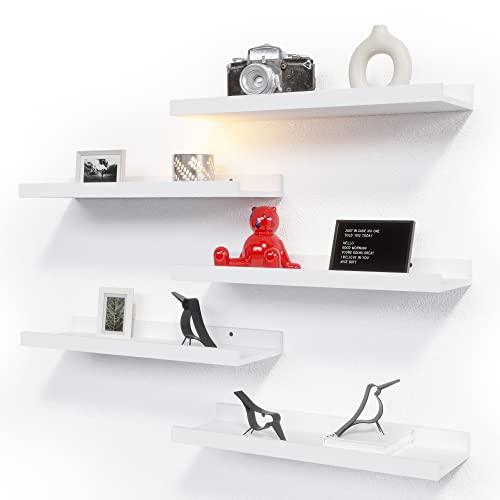 RICHER HOUSE 5 Set White Floating Shelves, Wall Mounted Shelves for Wall Decor, Modern Picture Ledge Shelf with Lip for Wall Storage Nursery, Bedroom, Living Room, Bathroom - White - White