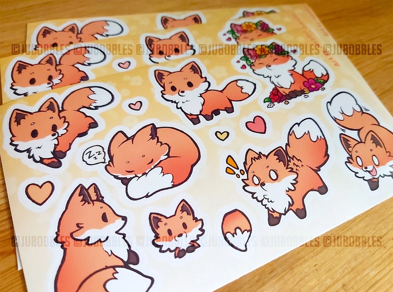 Red Fox Sticker Sheet (Original) | Cute Chibi Scrapbooking Floral Fluffy Fun Gift