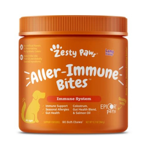 Zesty Paws Allergy Immune Supplement for Dogs - with Omega 3 Salmon Fish Oil & EpiCor Pets + Probiotics for Seasonal Allergies - Lamb - 90 Chews - All Ages - 90 Count (Pack of 1)