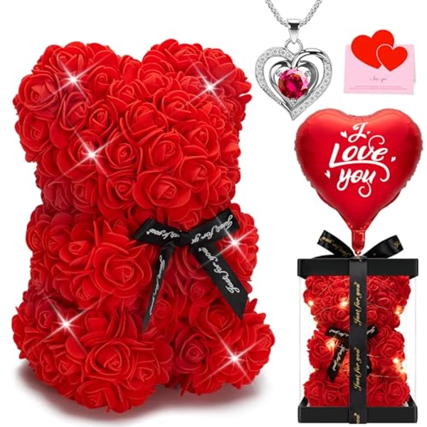 Jyusmile Rose Bear Gifts for Women, Flower Bear with Box Necklace Greeting Card Lights Balloon, Romantic Valentine's Day Gifts for Her Mom Girlfriend Wife, Anniversary Birthday Present & Decoration