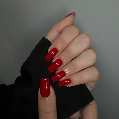 Red Glue on Nails Medium Length,KXAMELIE Press on Nails Long Square,Artificial Nails Acrylic Salon Perfect Gel Nails,Natural Nails Stick on Nails for Women and Girls,24PCS Valentines Nails - elegant style