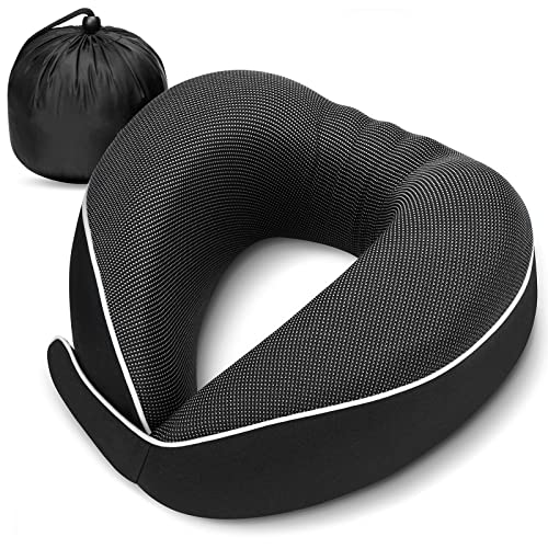 HOMIEE Adjustable Travel Pillow, Soft & Comfortable Memory Foam Pillow, Velcro Adjustable Adult Men & Women Airplane Car Travel Pillow, Black - Black