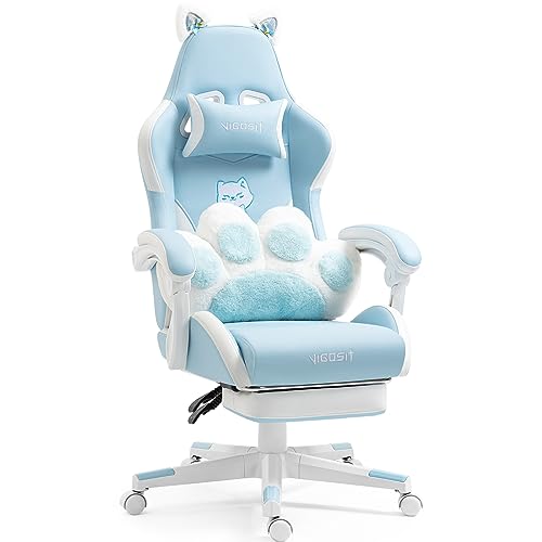Vigosit Cute Gaming Chair with Cat Paw Lumbar Cushion and Cat Ears, Ergonomic Computer Chair with Footrest, Reclining PC Game Chair for Girl, Teen, Kids, Blue White - Blue White
