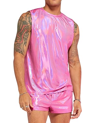 Verdusa Men's 2 Piece Metallic Outfit Sleeveless Tank Top and Short Tracksuit Sets - X-Large - Pink
