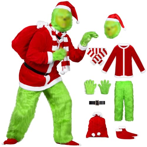 Alaiyaky Christmas Green Big Monster Costume for Men, 10PCS Deluxe Furry Santa Claus Costume Suit with Mask - XX-Large - Red-green