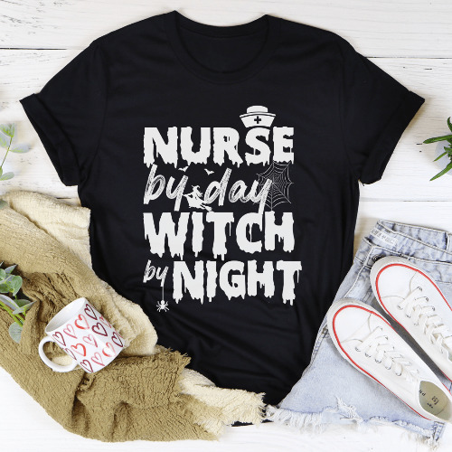 Nurse By Day Witch By Night Tee - Black Heather / M