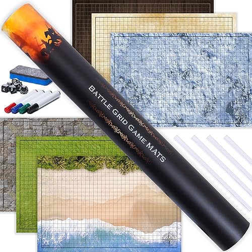 TIDYBOSS Dungeons and Dragons Starter Set | 3 X Double Sides 24x 36 Game Grid Mat | 6 Terrains Includes Dry Erase Markers, Eraser, Dice and Clips - Multi Color