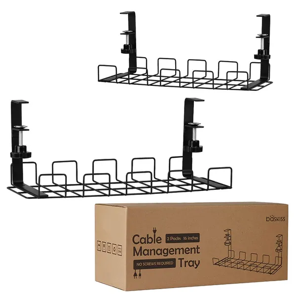 Under Desk Cable Management Tray 2 Packs, 16" Under Desk Cord Organizer with Clamp Mount System for Wire Management, Metal Wire Cable Holder for Desks, Offices, and Kitchens, No Need to Drill Holes - 