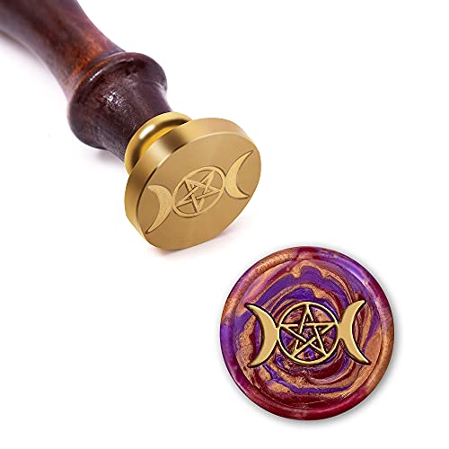 Triple Moon Goddess Wax Seal Stamp, Crescent Pentagram Pagan Sealing Brass Stamper, Small Unique Witchcraft Goddess Metal Sealer with Wooden Handle for Letter Envelopes Wedding Invitation Card Gifts - Wax Seal Stamp