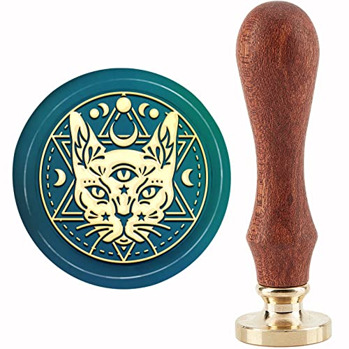 CRASPIRE Cat Wax Seal Stamp Eye Vintage Sealing Wax Stamps Moon Star 30mm Removable Brass Head with Wood Handle for Wedding Invitations Envelopes Halloween Christmas Thanksgiving Gift Packing - Cat Eye Moon Star