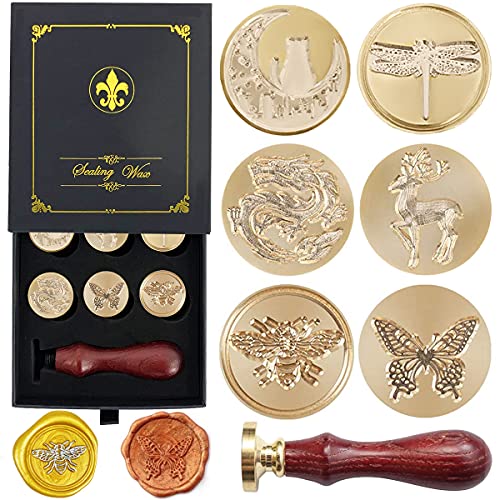 Wax Seal Stamp Gift Box Set, 6 Pcs Sealing Wax Stamps Copper Seals 1 Wooden Hilt, Wax Stamp Kit for Cards Envelopes, Gift Packaging (Animal Insect Series) - Animal Insect Series