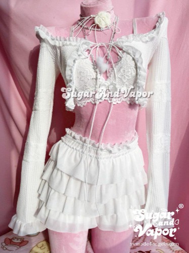 Angelic Cardigan Top + Ruffle Skort Set | White / S / 3 Pieces (Cardigan+Butterfly Cami+Skirt)