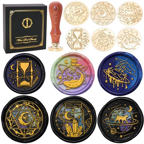 SWANGSA Magic Space Wax Seal Stamp Gift Box Set, Vintage 6 Sealing Stamp Heads + 1 Wooden Hilt, Wax Stamp Kit for Party Invitations, Envelops, Cards and Gift Packaging (Magic Space) - Magic Space Set