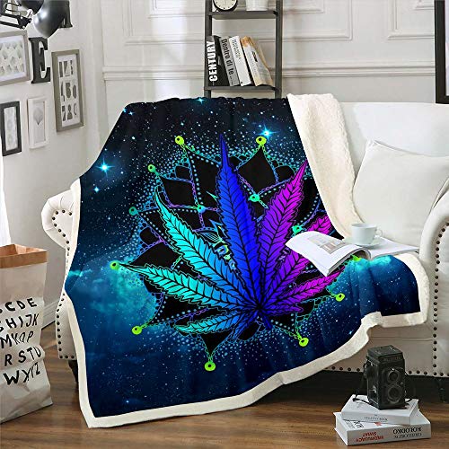 Erosebridal Cannabis Leaves Flannel Blanket Bohemian Mandala Sherpa Blanket Marijuana Weed Leaf Plush Blanket Galaxy Starry Sky Trippy Bed Blanket, Blue Purple Fuzzy Blanket Throw 50"x60" - Multi 17 - Throw