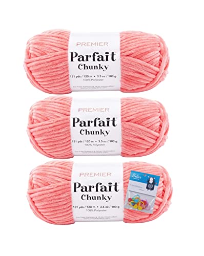 Premier Yarns Parfait Chunky - 3.5 Oz - #6 Super Bulky Weight - 3 Pack Bundle with 10 Bella's Crafts Stitch Markers (Coral) - Coral