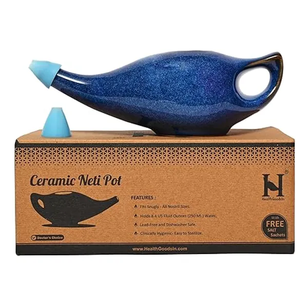 HealthGoodsIn Ceramic Neti Pot, Premium Handcrafted Durable, Dishwasher Safe with 2 Silicone Nozzle Tip, 225 Ml. (7.6 FL Oz) Capacity (Elegant Blue Gradient) - Elegant Blue Gradient