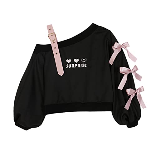 Off Shoulder Sweatshirts Teen Girls Lolita Kawaii Embroidered Heart Graphic Lace Up Crop Top Casual Pullover… - Large - White
