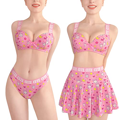 LittleForBig Women High Waisted Elastic Mini Skirt Bralette Panty 3 Pieces Set Plus Size Friendly - Usagi Sporty Bralette Skirt Set - XXL - Pink