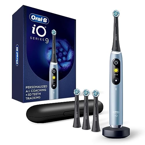 Oral-B iO Series 9 Rechargeable Electric Toothbrush, Aquamarine with 4 Brush Heads and Travel Case - Visible Pressure Sensor to Protect Gums – 7 Cleaning Modes - 2 Minute Timer - iO9 Power Handle - Aqua Alabaster