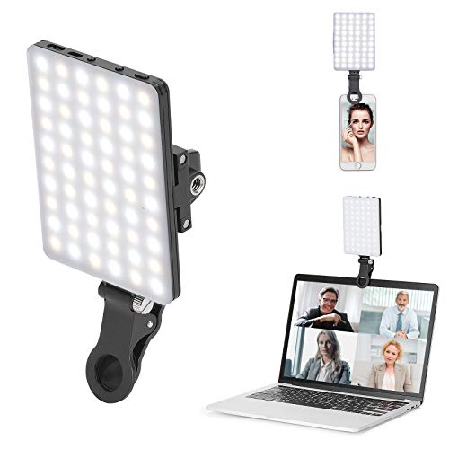 Newmowa 60 LED High Power Rechargeable Clip Fill Video Conference Light with Front & Back Clip, Adjusted 3 Light Modes for Phone, iPhone, Android, iPad, Laptop, for Makeup, TikTok, Selfie, Vlog - Black