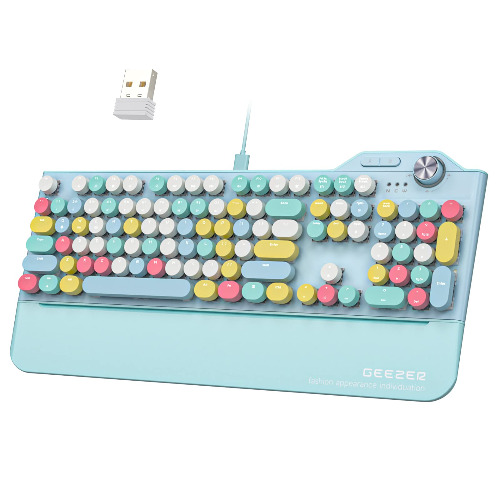Wireless Mechanical Keyboard with LED Backlit, Bluetooth 5.1/USB Wired Rechargeable 104 Keys Full-Size PC Gaming Keyboard, Blue Switch Round Keycap with Ergonomic Magnetic Wrist Rest for Windows, Mac