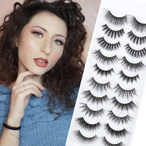 OBEYA False Eyelashes 10 Pairs Different Style Strip Lashes Variety Pack 15mm 16mm 20mm Long Fake Lashes 3D Fluffy Dramatic Faux Mink False Lashes Strip Handmade Reusable Makeup Fake Eyelashes Mixed Length - Dramatic-SKmix