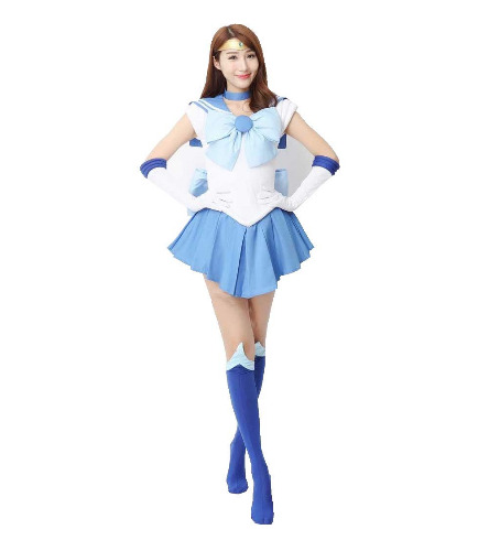 OURCOSPLAY Women's Sailor Moon Mercury Mizuno Ami Battle Cosplay Costume Dress 6 Pcs Set - Women US S/CN M