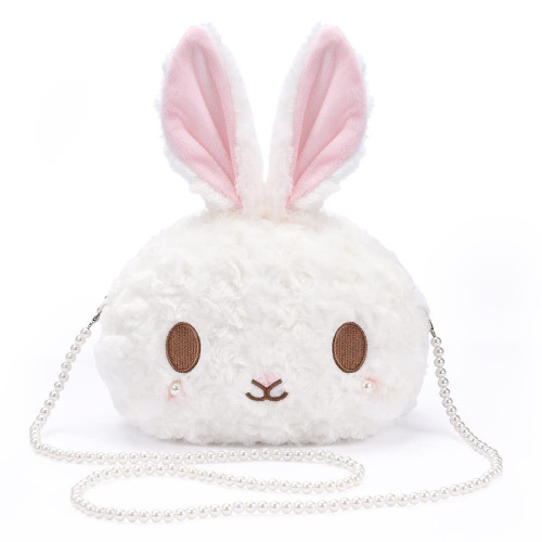 kawaii bunny Crossbody bag,cartoon Plush Rabbit girls wallets,cute Lolita Handbag for kids Teenagers, Lovely Fluffy animal purse (pearl chain) white - 