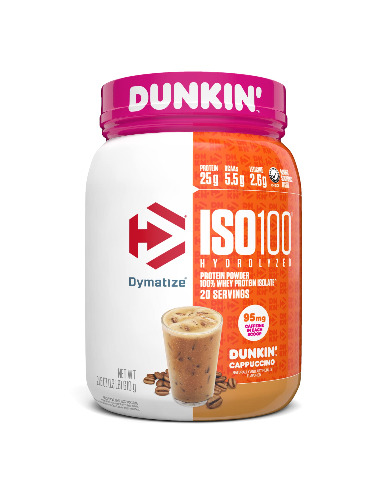 Dymatize ISO100 Hydrolyzed 100% Whey Isolate Protein Powder in Dunkin' Cappuccino Flavor, 25g Protein, 95mg Caffeine, 5.5g BCAAs, Gluten Free, Fast Absorbing, Easy Digesting, 21.5 Oz - Dunkin' Cappuccino flavor